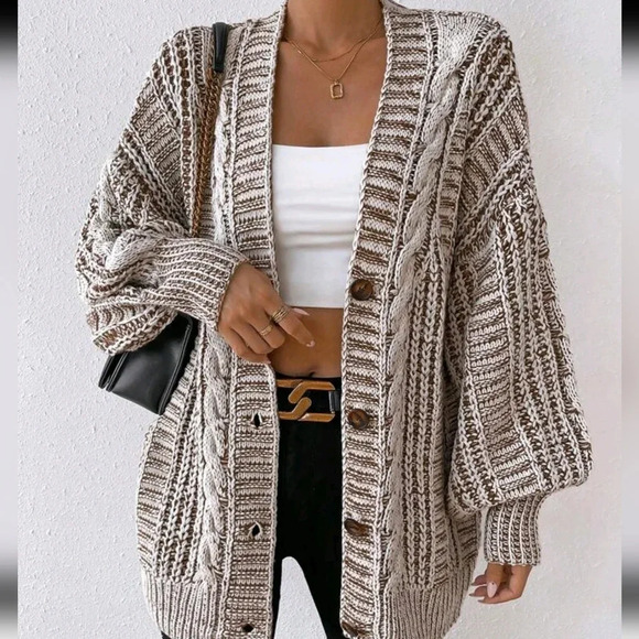 Space Dye Drop Shoulder Cable Knit Lantern Sleeve Cardigan - Picture 1 of 6